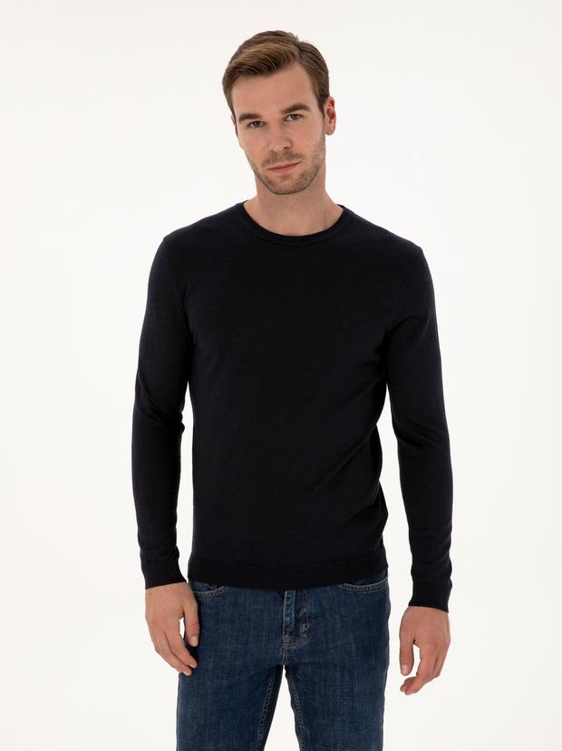 Lacivert Slim Fit Kaşmir İpek Karışımlı Bisiklet Yaka Triko Kazak