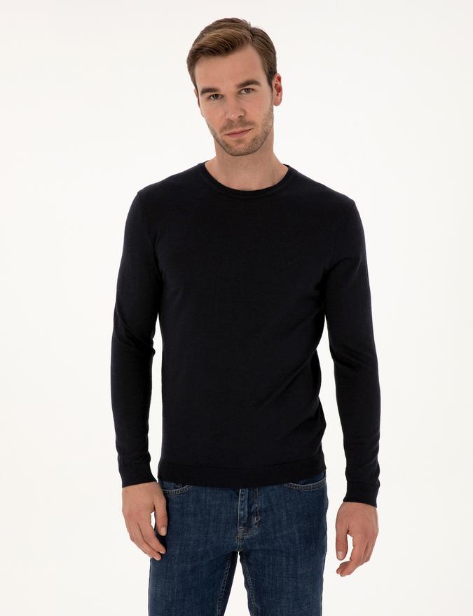 Lacivert Slim Fit Kaşmir İpek Karışımlı Bisiklet Yaka Triko Kazak
