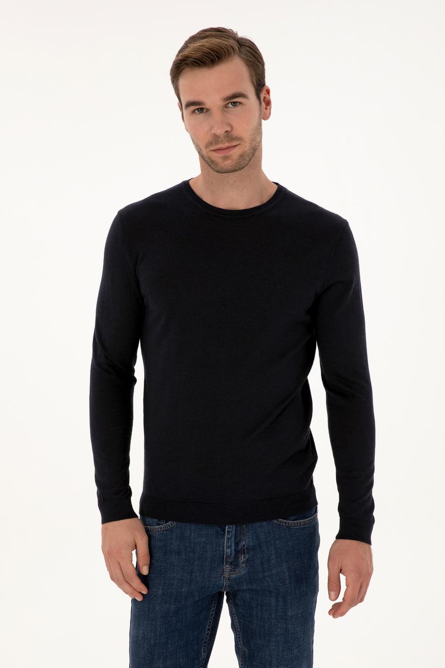 Lacivert Slim Fit Kaşmir İpek Karışımlı Bisiklet Yaka Triko Kazak - 50316307005