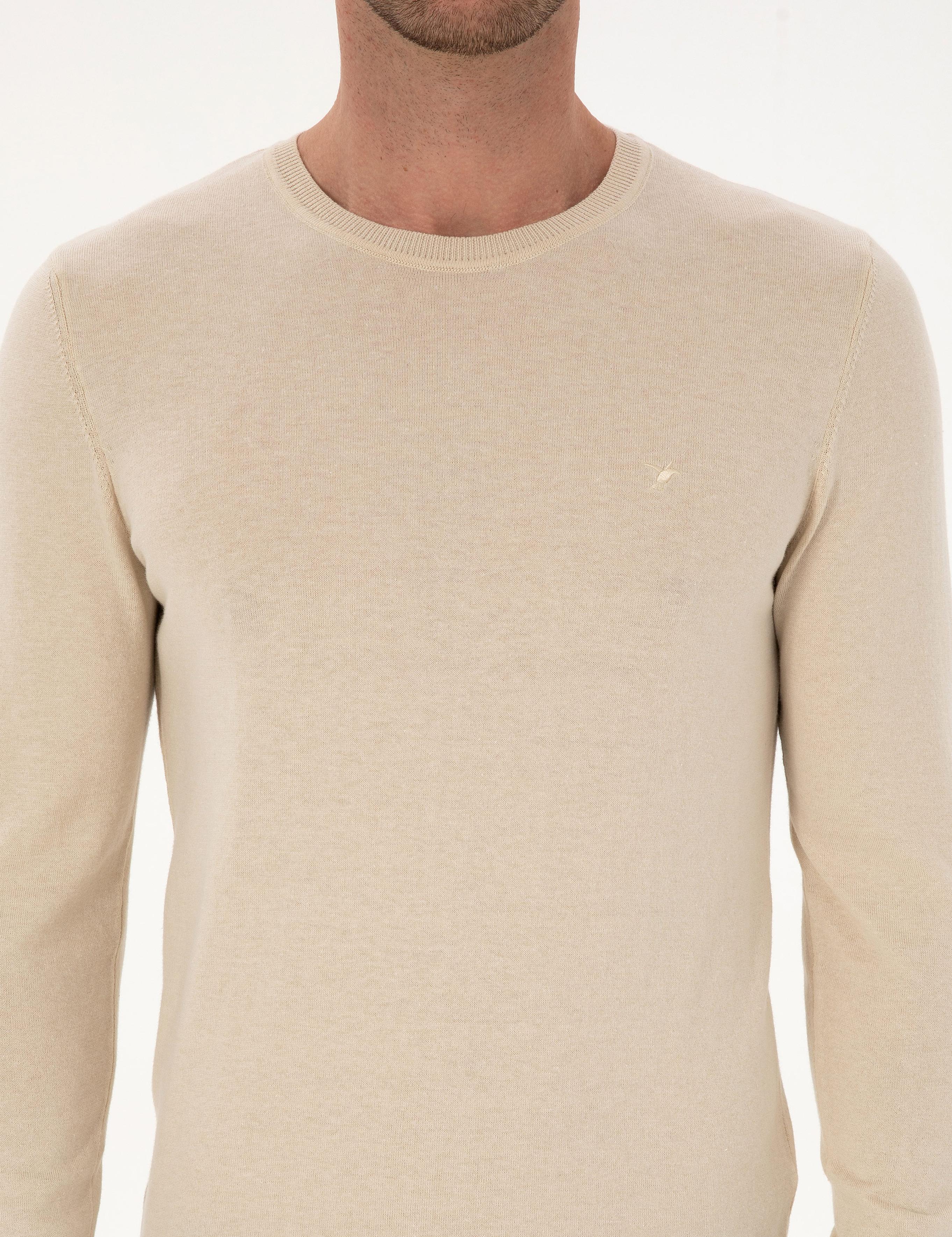 Bej Slim Fit Pamuk Karışımlı Bisiklet Yaka Basic Triko Kazak - 50318620029