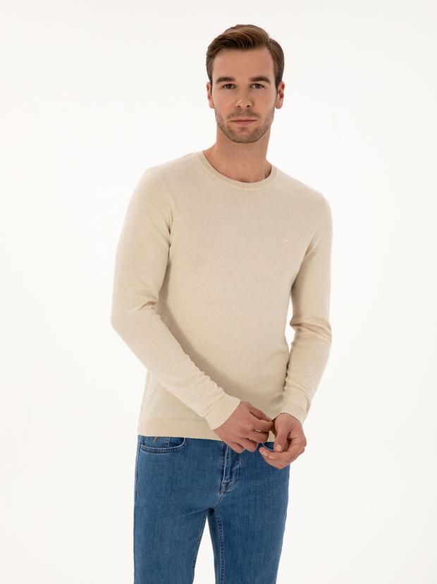 Bej Slim Fit Pamuk Karışımlı Bisiklet Yaka Basic Triko Kazak