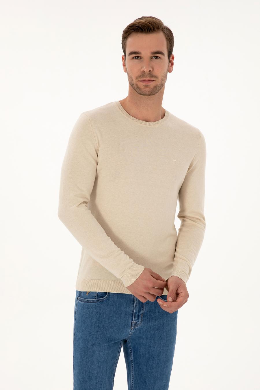 Bej Slim Fit Pamuk Karışımlı Bisiklet Yaka Basic Triko Kazak - 50318620029