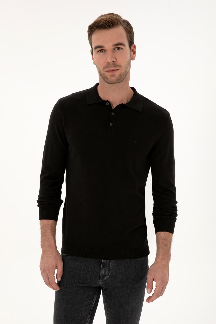 Siyah Regular Fit Pamuk Karışımlı Polo Yaka Basic Triko Kazak - 50318673006