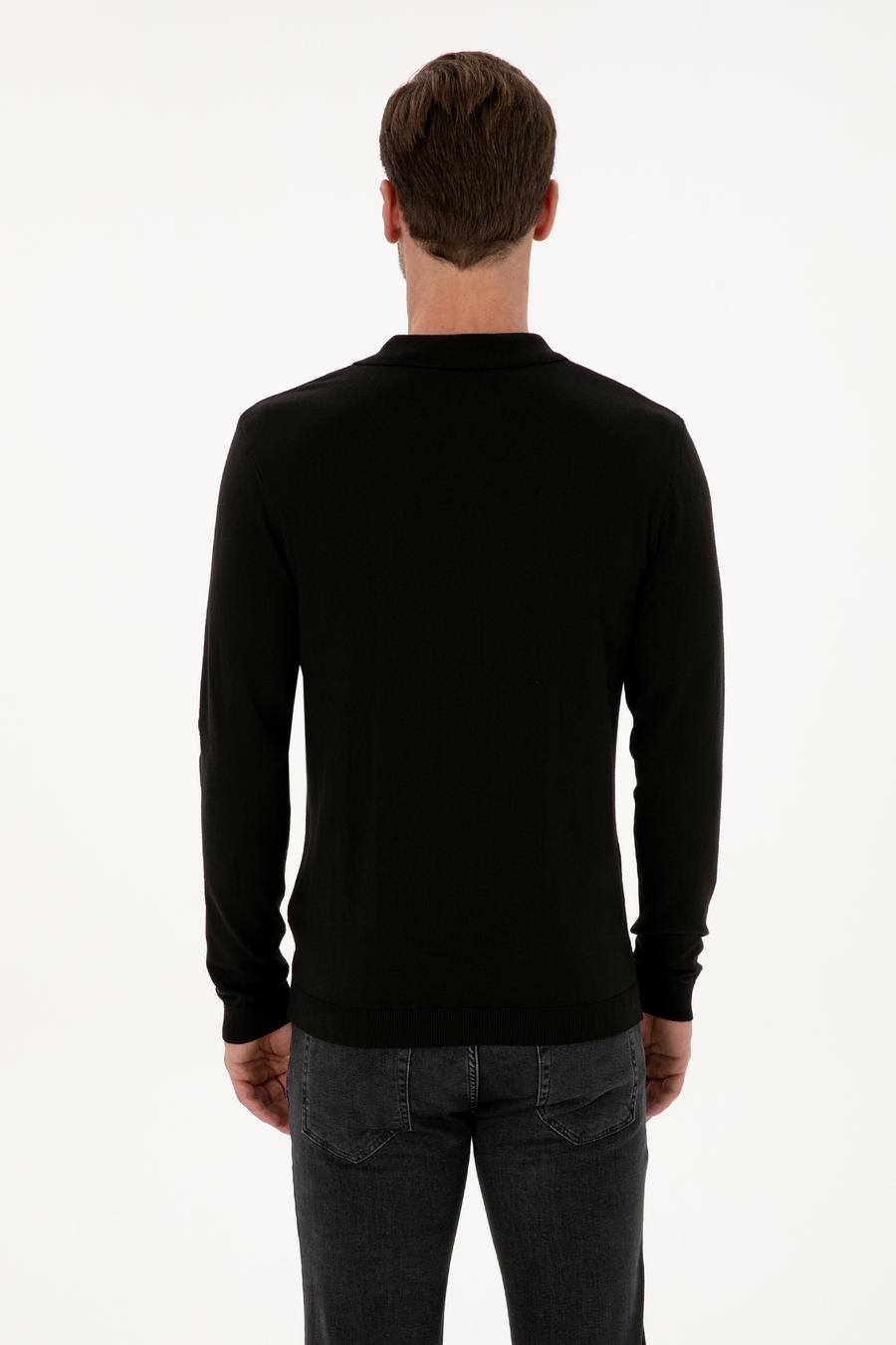 Siyah Regular Fit Pamuk Karışımlı Polo Yaka Basic Triko Kazak - 50318673006