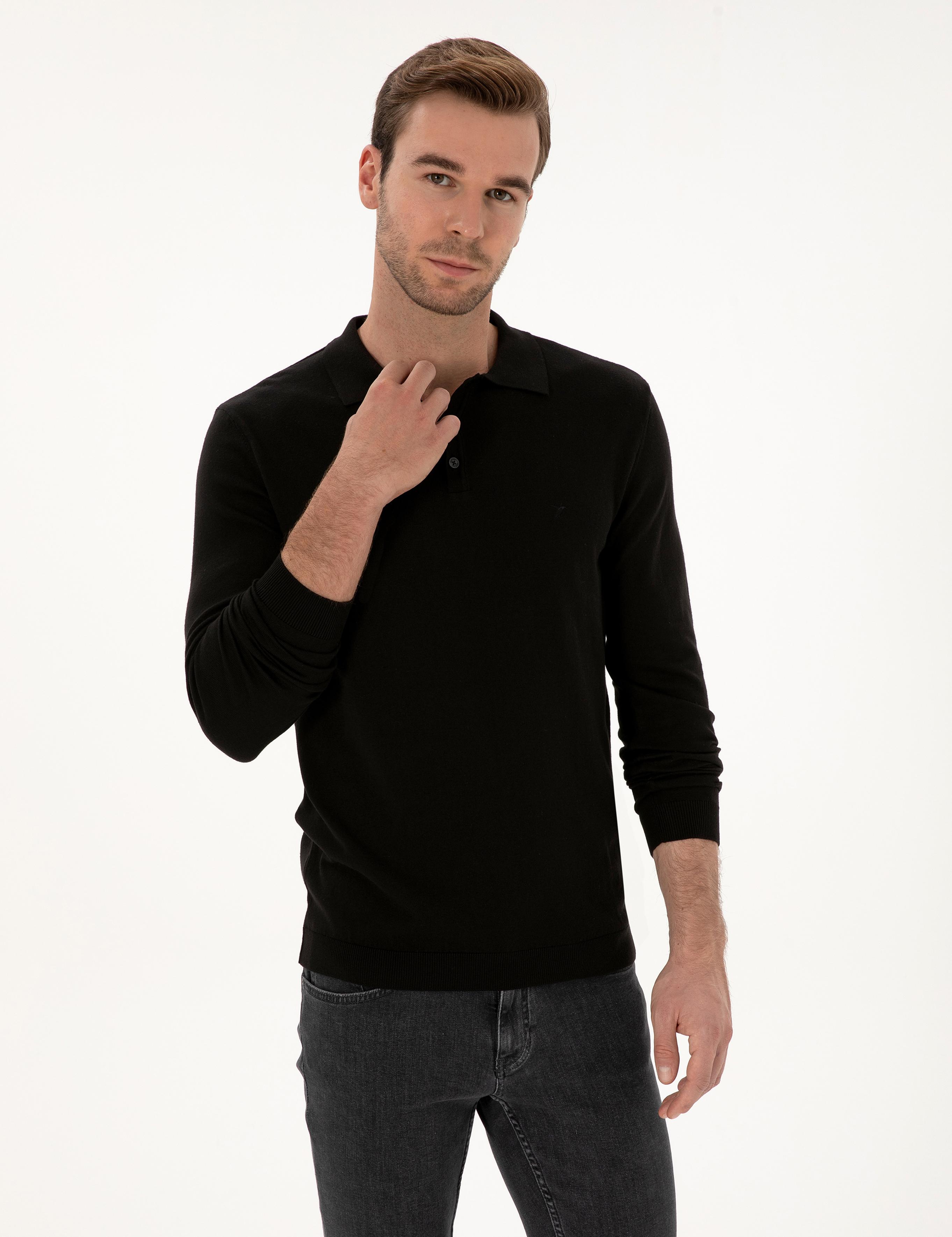 Siyah Regular Fit Pamuk Karışımlı Polo Yaka Basic Triko Kazak - 50318673006