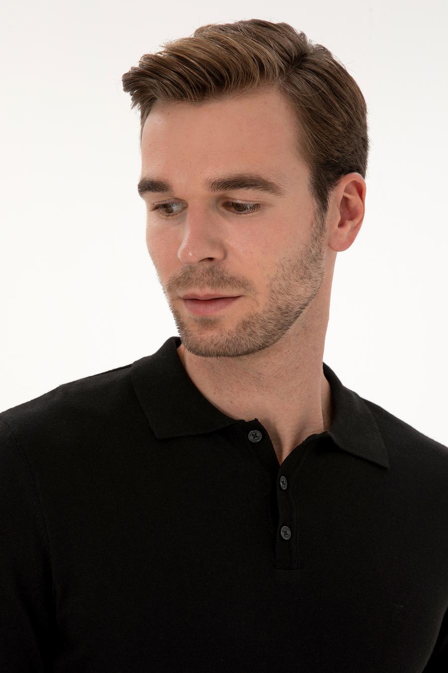 Siyah Regular Fit Pamuk Karışımlı Polo Yaka Basic Triko Kazak - 50318673006