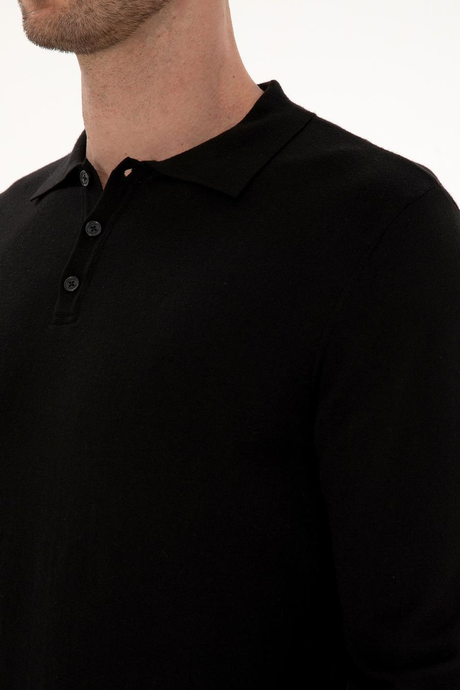Siyah Regular Fit Pamuk Karışımlı Polo Yaka Basic Triko Kazak - 50318673006