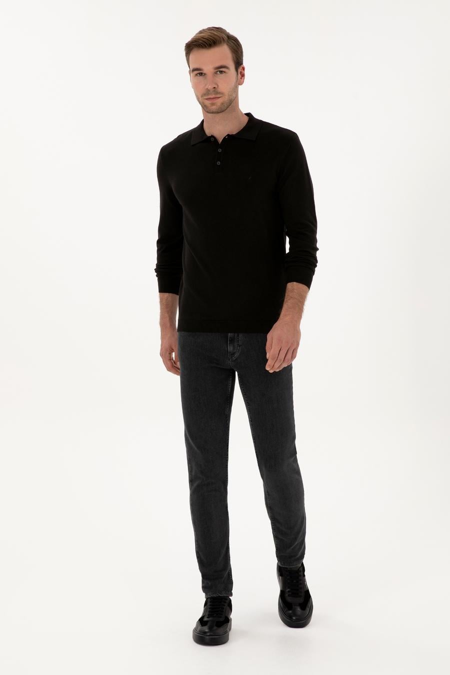 Siyah Regular Fit Pamuk Karışımlı Polo Yaka Basic Triko Kazak - 50318673006