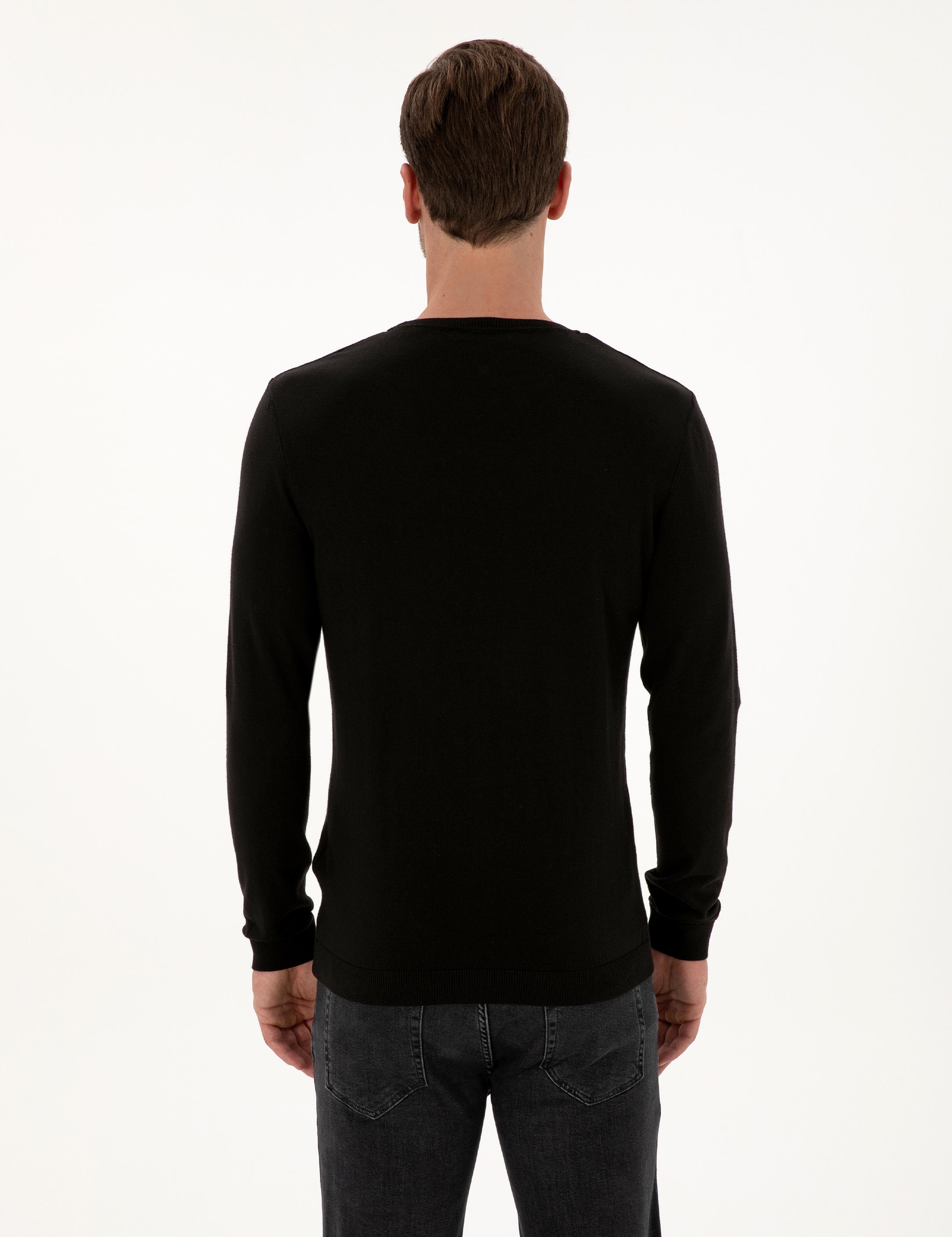 Siyah Slim Fit Pamuk Karışımlı Bisiklet Yaka Basic Triko Kazak - 50318620005