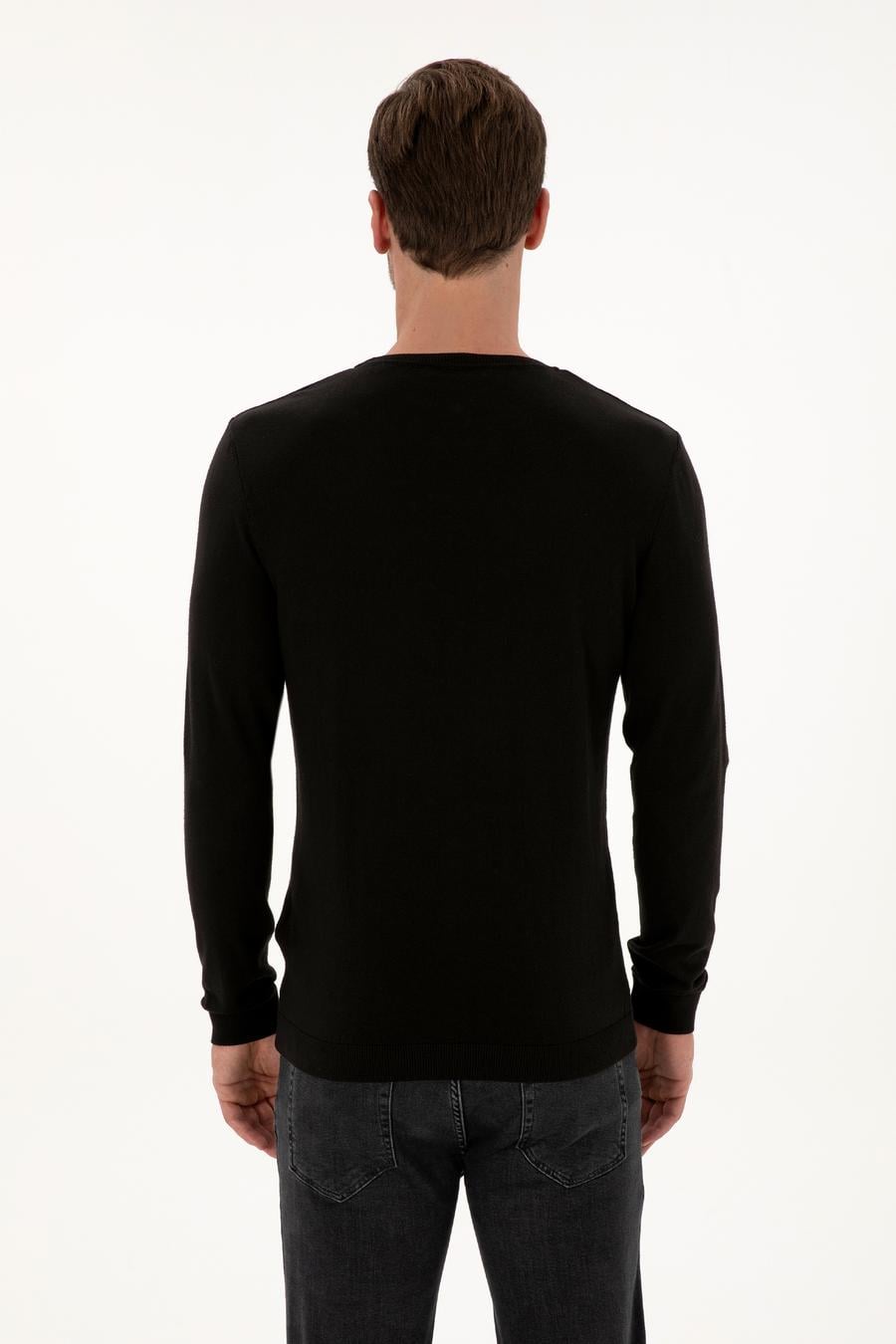 Siyah Slim Fit Pamuk Karışımlı Bisiklet Yaka Basic Triko Kazak - 50318620005