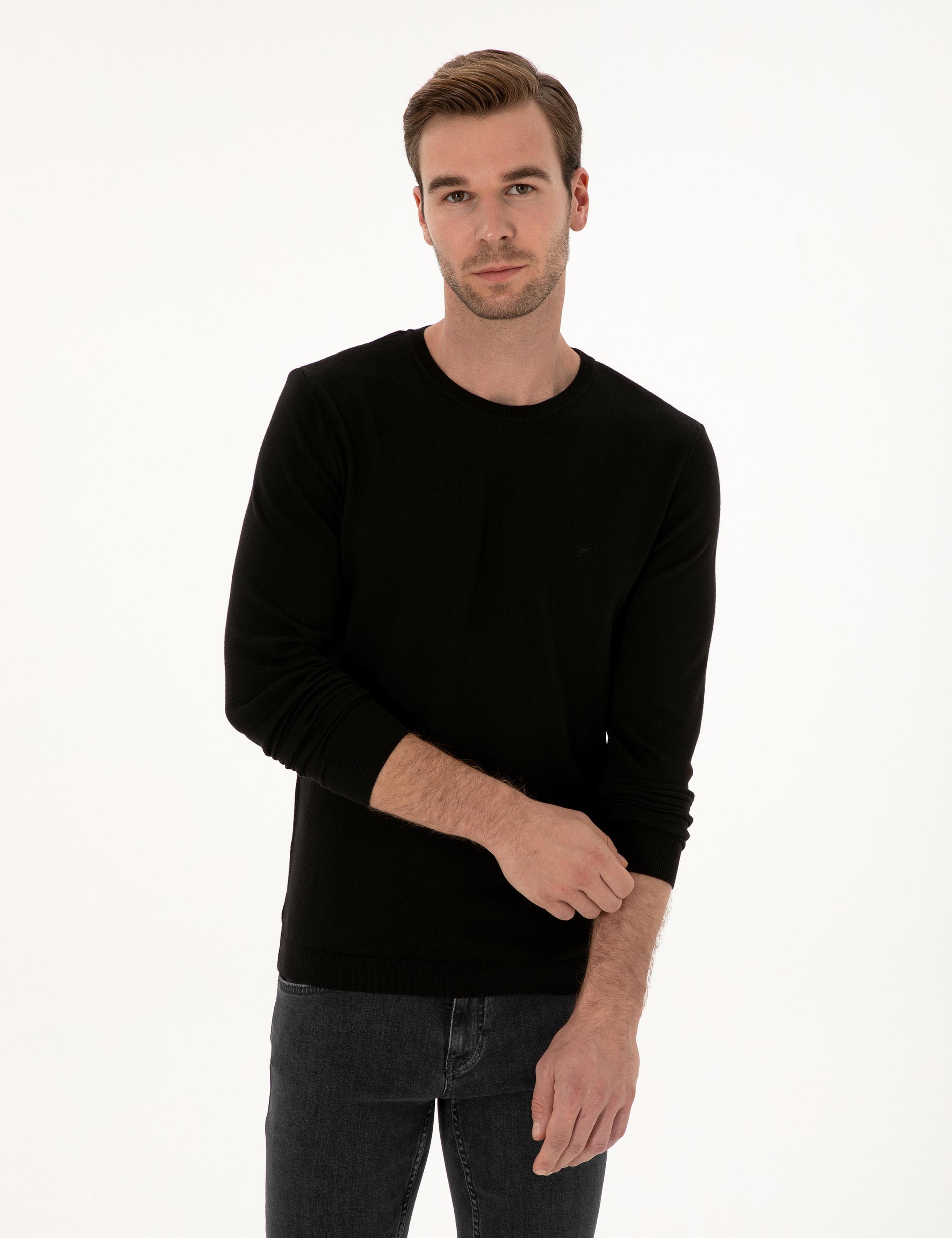 Siyah Slim Fit Pamuk Karışımlı Bisiklet Yaka Basic Triko Kazak - 50318620005