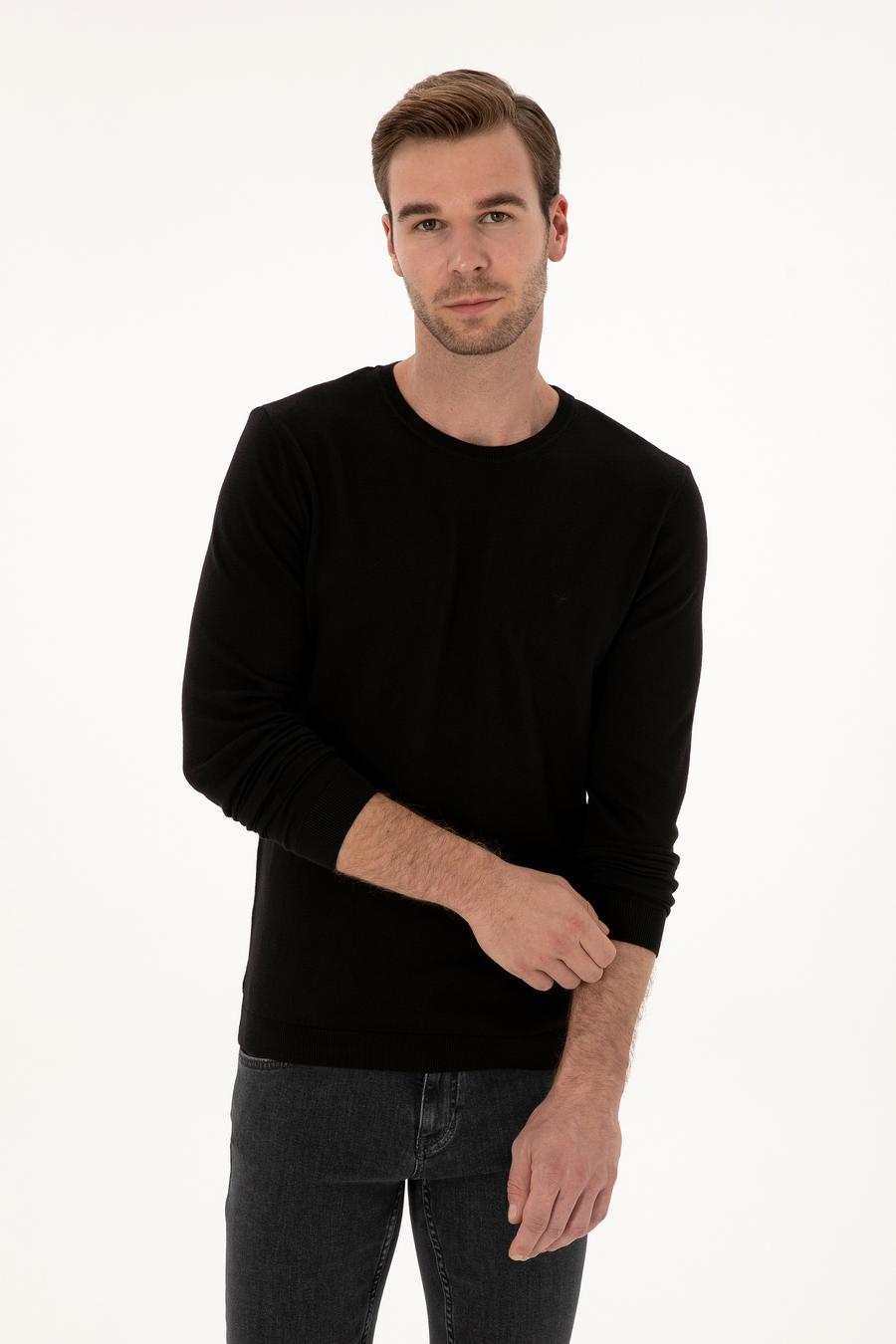 Siyah Slim Fit Pamuk Karışımlı Bisiklet Yaka Basic Triko Kazak - 50318620005