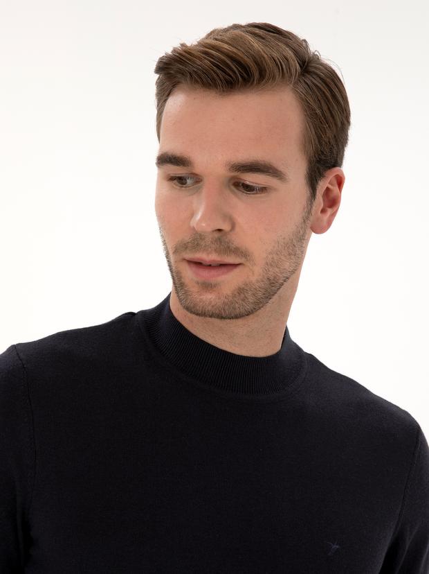 Lacivert Slim Fit Pamuk Karışımlı Çeyrek Balıkçı Yaka Basic Triko Kazak