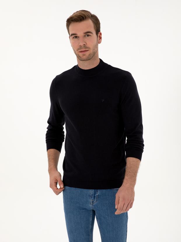 Lacivert Slim Fit Pamuk Karışımlı Çeyrek Balıkçı Yaka Basic Triko Kazak