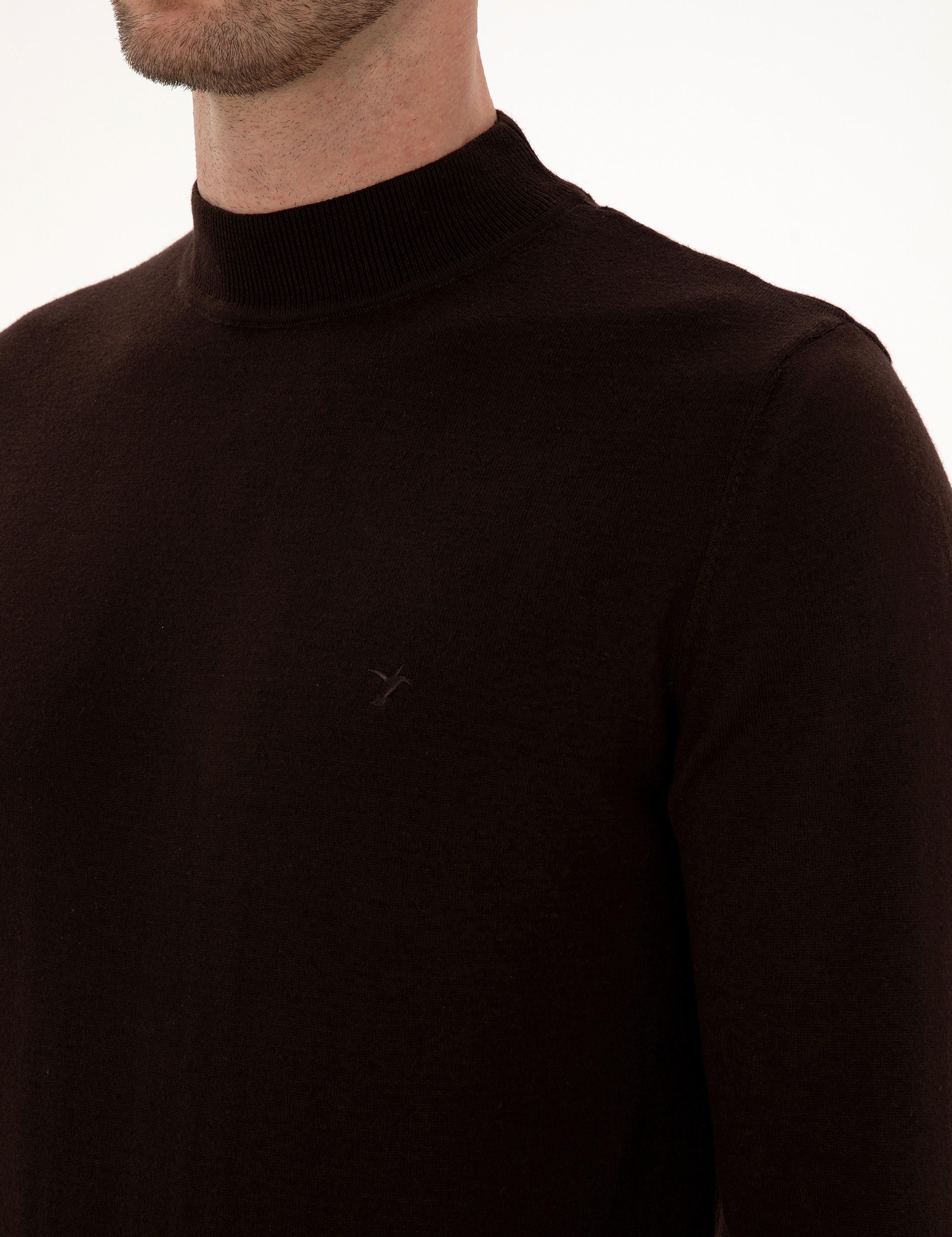 Kahverengi Slim Fit Pamuk Karışımlı Çeyrek Balıkçı Yaka Basic Triko Kazak - 50318704038