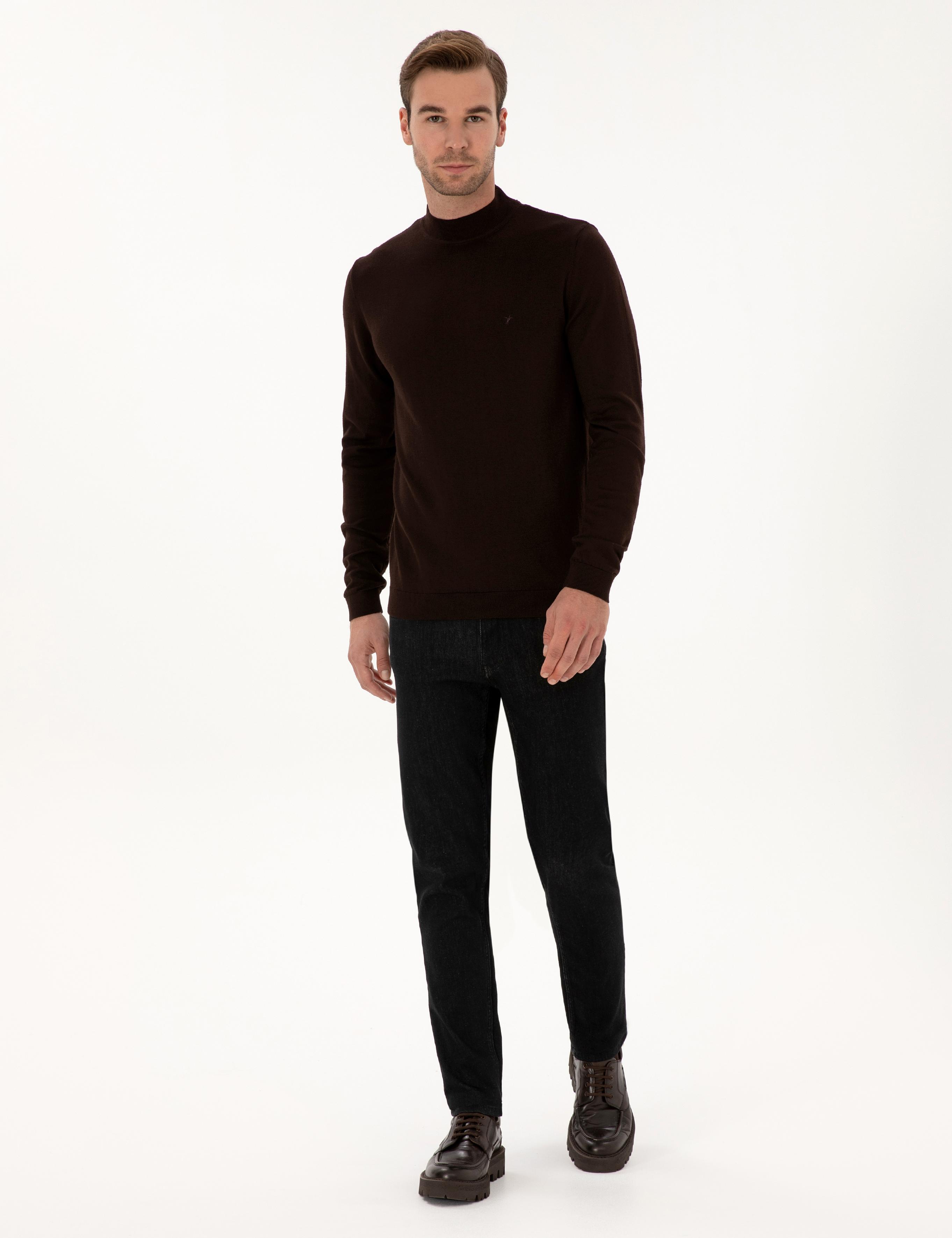 Kahverengi Slim Fit Pamuk Karışımlı Çeyrek Balıkçı Yaka Basic Triko Kazak - 50318704038
