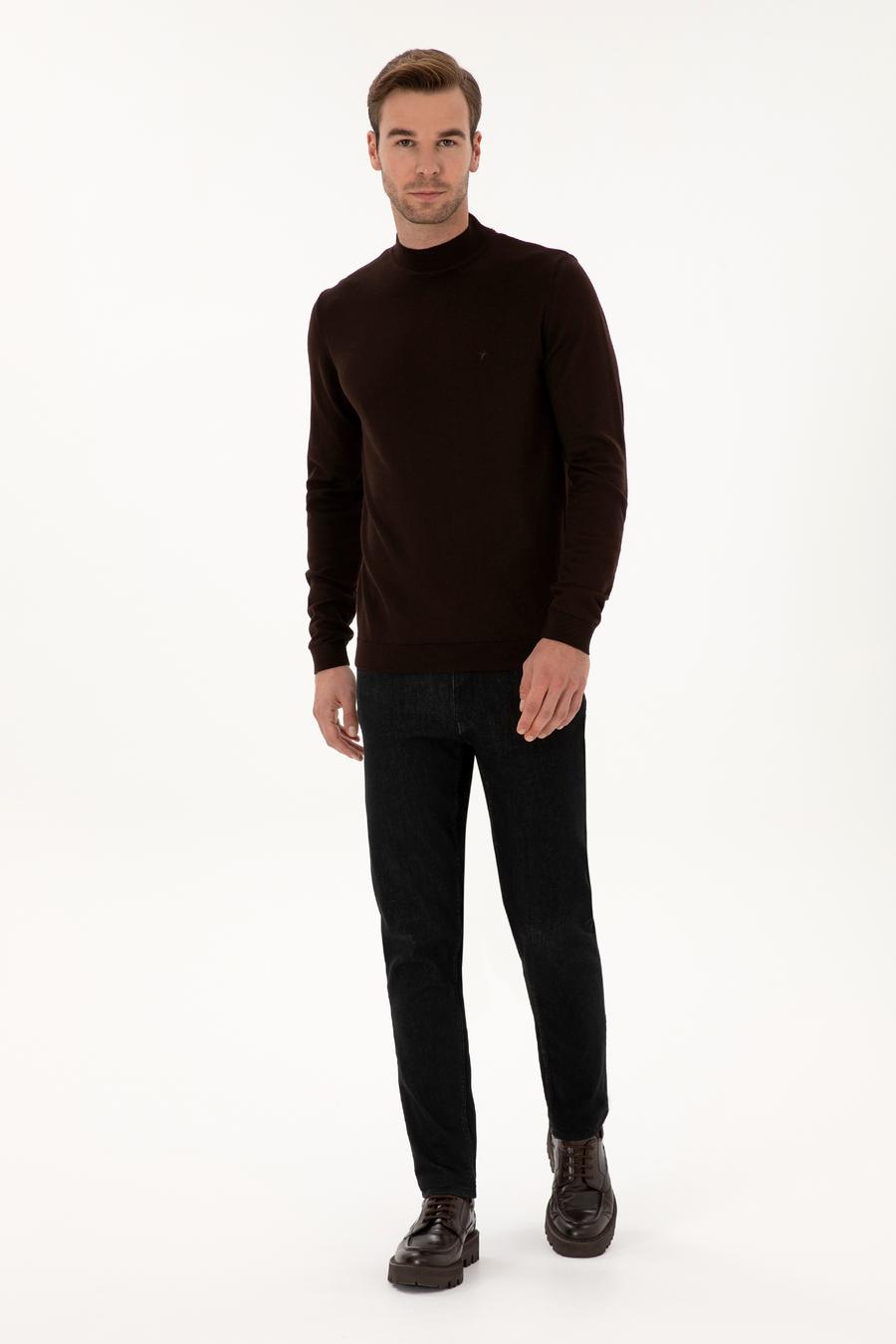 Kahverengi Slim Fit Pamuk Karışımlı Çeyrek Balıkçı Yaka Basic Triko Kazak - 50318704038