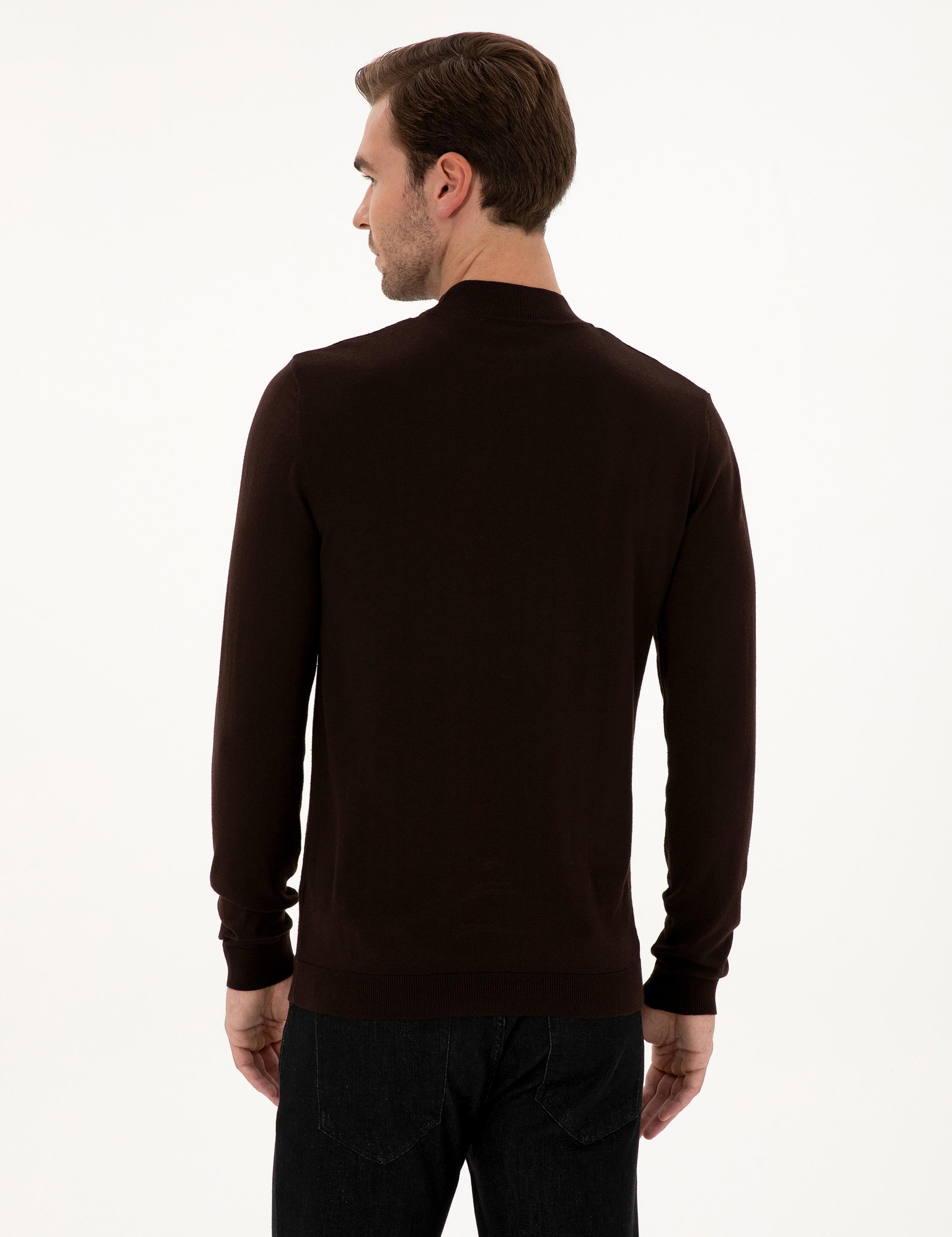 Kahverengi Slim Fit Pamuk Karışımlı Çeyrek Balıkçı Yaka Basic Triko Kazak - 50318704038