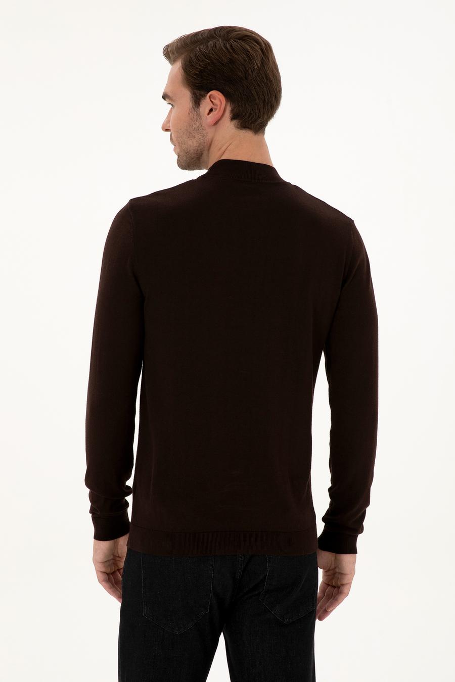 Kahverengi Slim Fit Pamuk Karışımlı Çeyrek Balıkçı Yaka Basic Triko Kazak - 50318704038