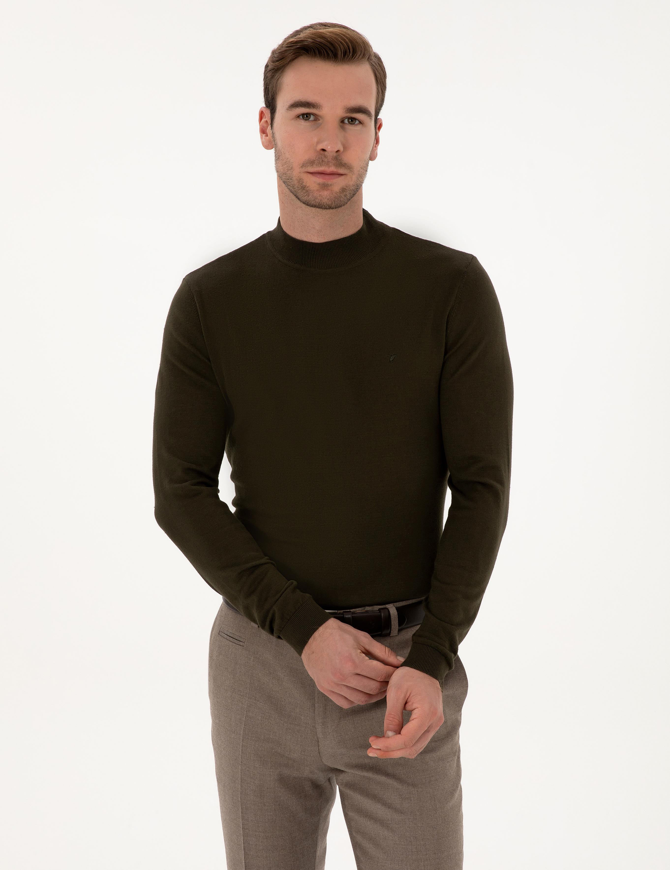 Haki Slim Fit Pamuk Karışımlı Çeyrek Balıkçı Yaka Basic Triko Kazak - 50318704021