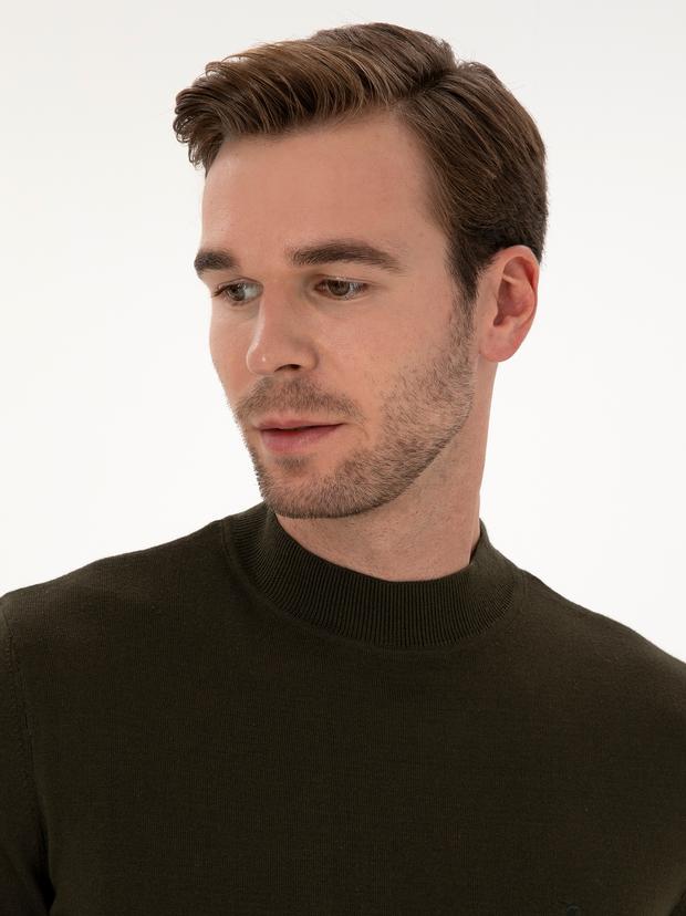 Haki Slim Fit Pamuk Karışımlı Çeyrek Balıkçı Yaka Basic Triko Kazak