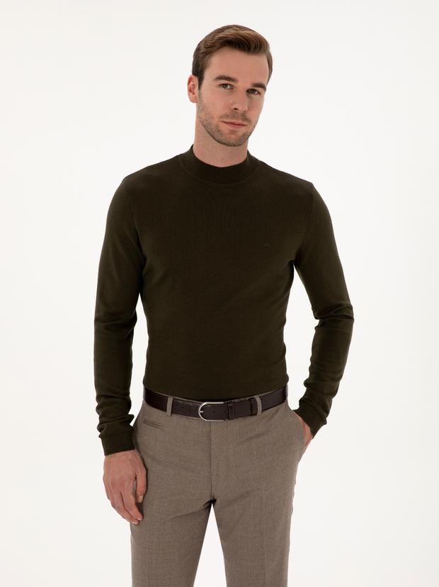 Haki Slim Fit Pamuk Karışımlı Çeyrek Balıkçı Yaka Basic Triko Kazak