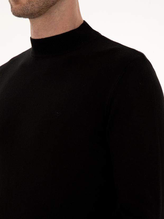 Siyah Slim Fit Pamuk Karışımlı Çeyrek Balıkçı Yaka Basic Triko Kazak