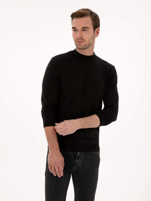 Siyah Slim Fit Pamuk Karışımlı Çeyrek Balıkçı Yaka Basic Triko Kazak