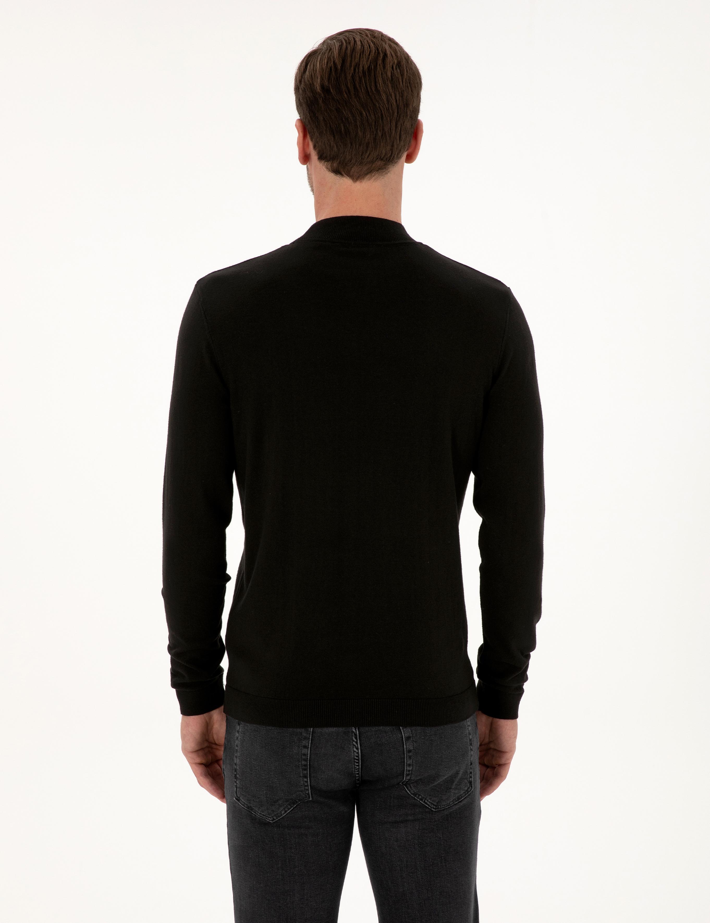 Siyah Slim Fit Pamuk Karışımlı Çeyrek Balıkçı Yaka Basic Triko Kazak - 50318704003