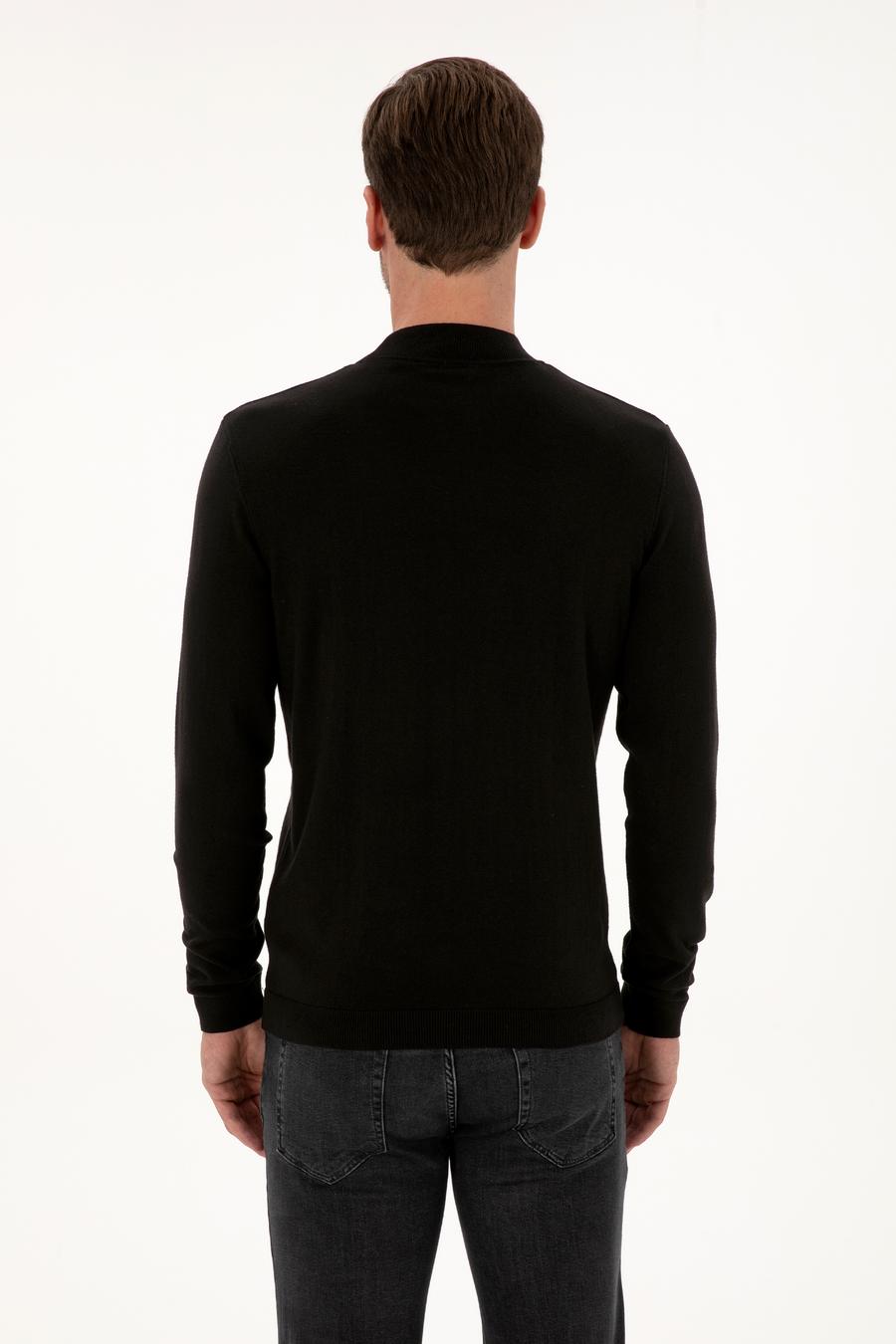 Siyah Slim Fit Pamuk Karışımlı Çeyrek Balıkçı Yaka Basic Triko Kazak - 50318704003