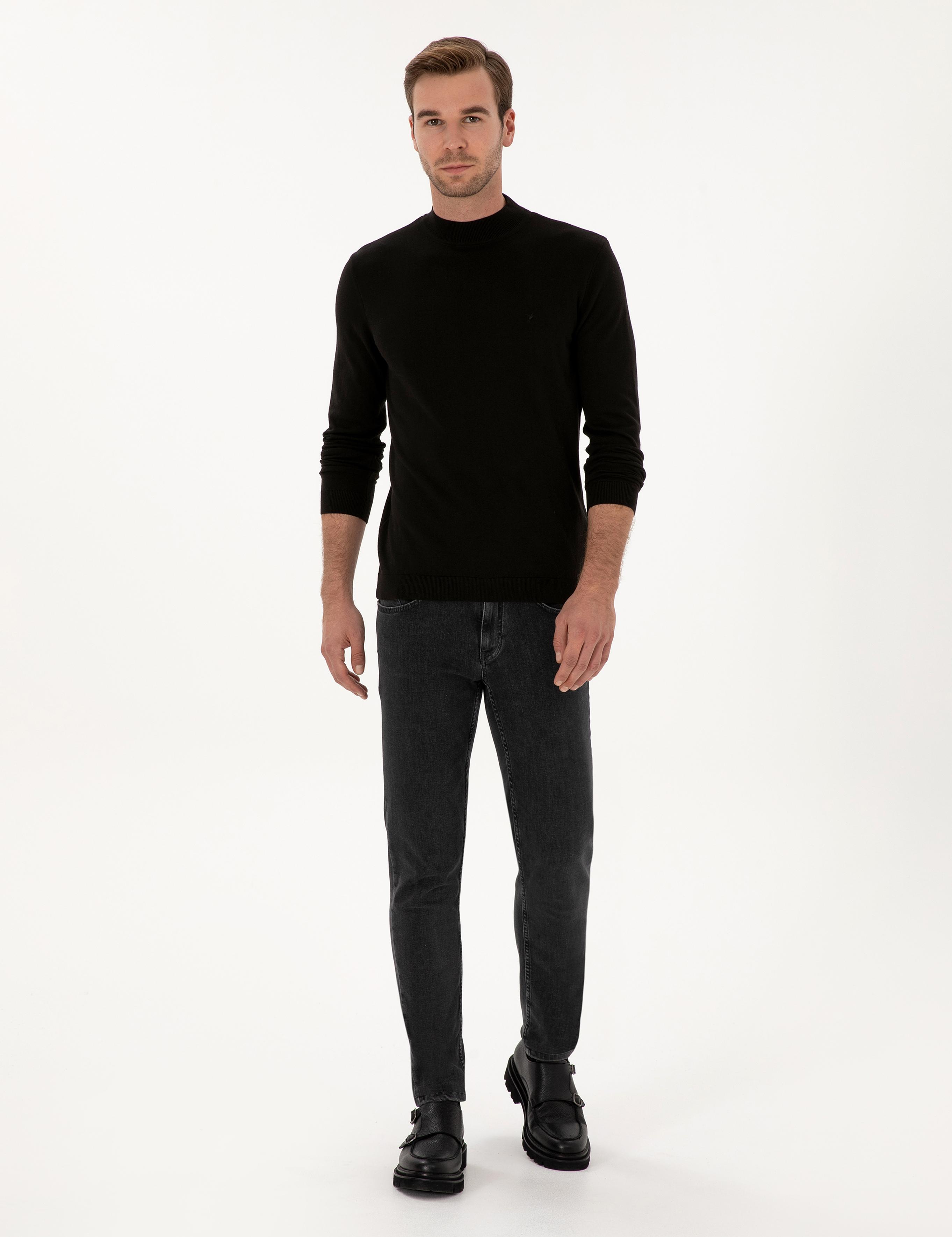 Siyah Slim Fit Pamuk Karışımlı Çeyrek Balıkçı Yaka Basic Triko Kazak - 50318704003
