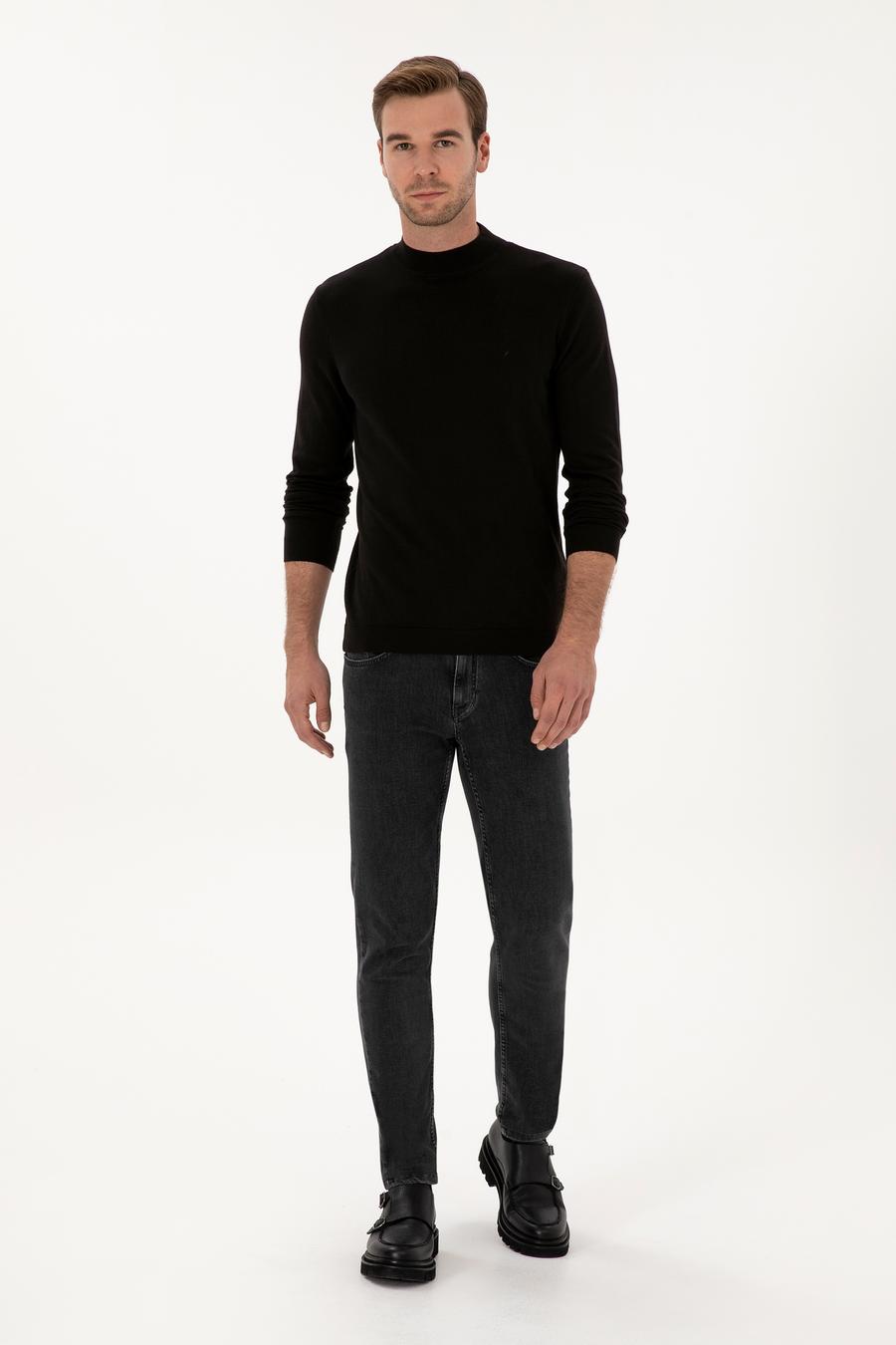 Siyah Slim Fit Pamuk Karışımlı Çeyrek Balıkçı Yaka Basic Triko Kazak - 50318704003