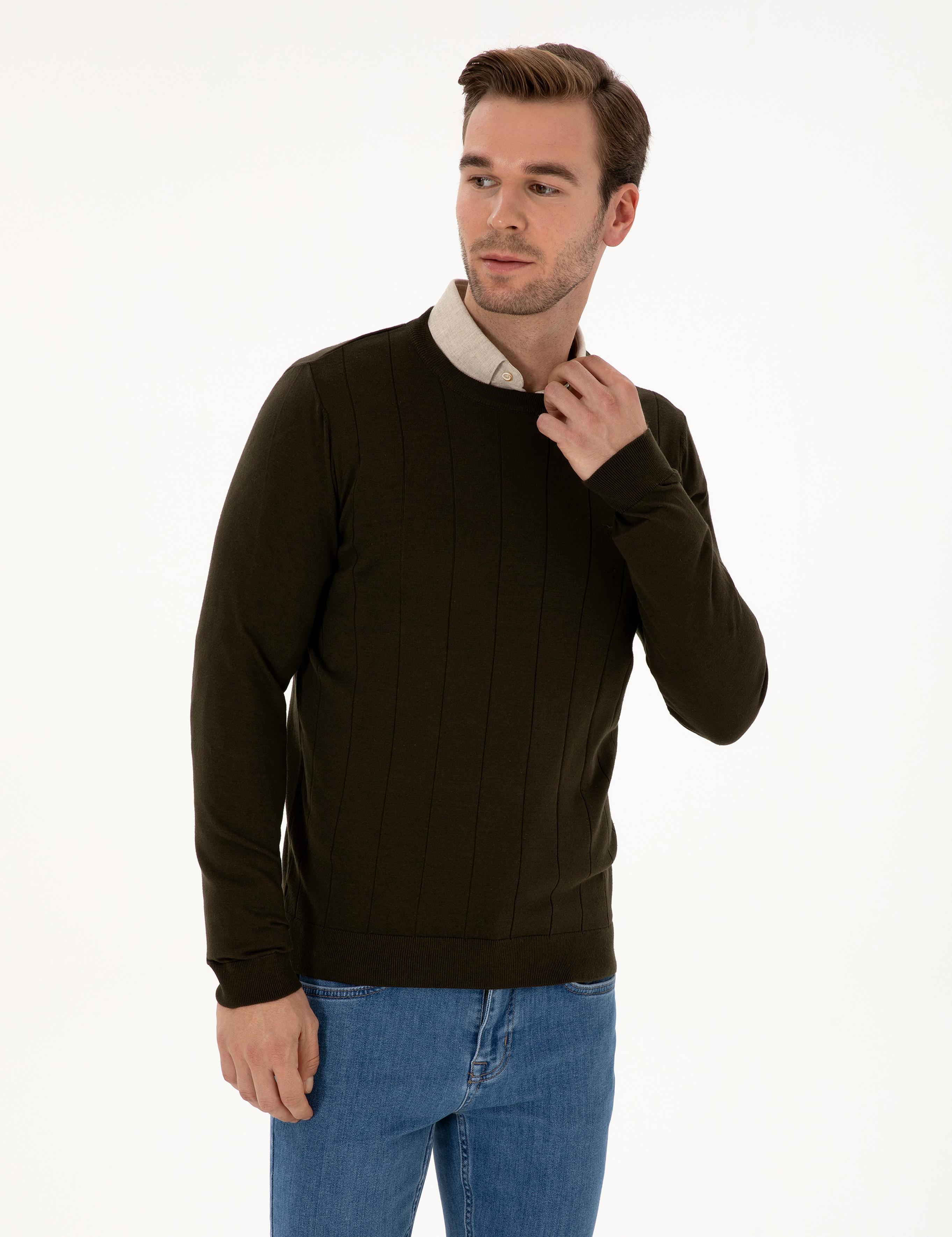 Haki Slim Fit Pamuk Karışımlı Bisiklet Yaka Triko Kazak - 50318868035