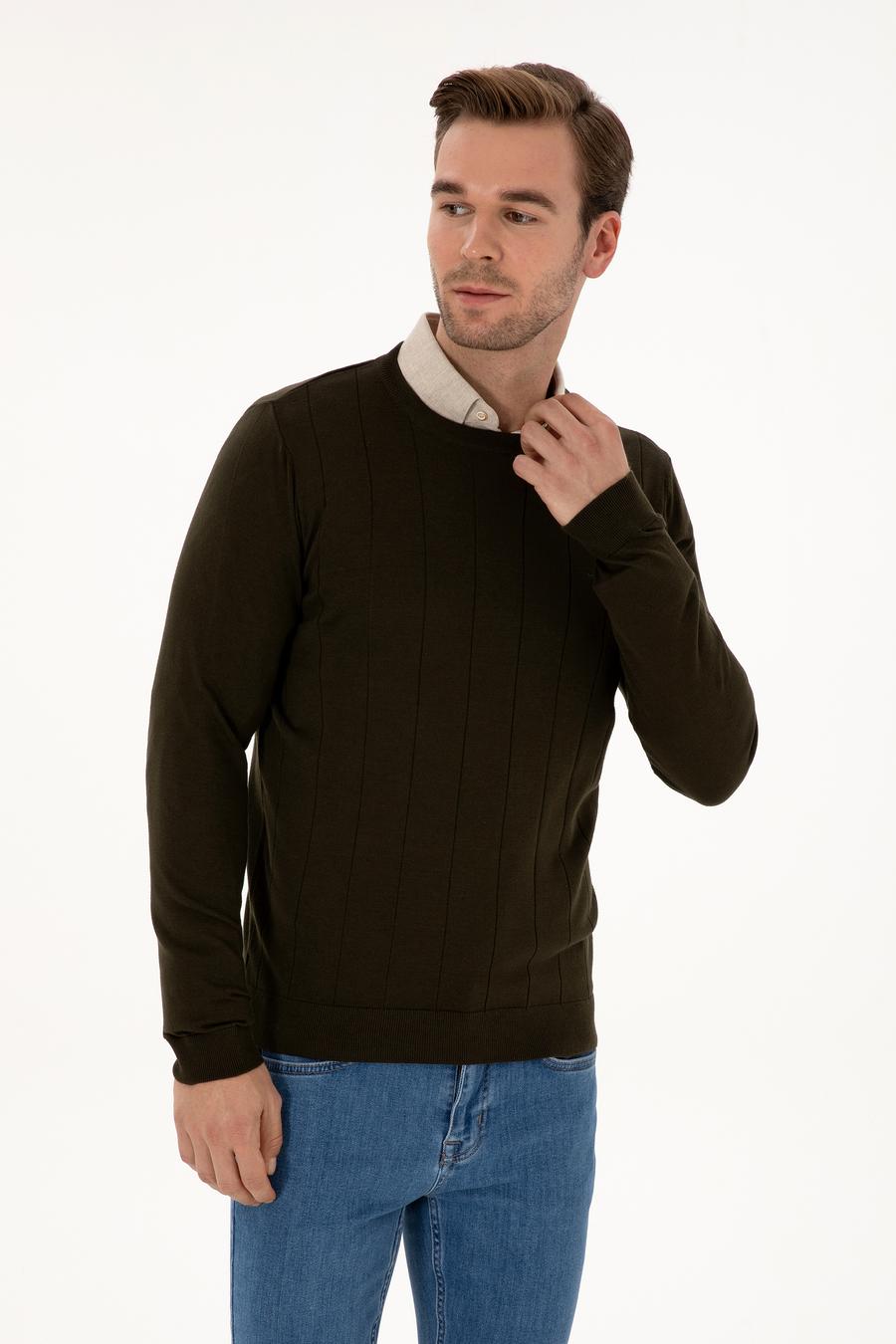 Haki Slim Fit Pamuk Karışımlı Bisiklet Yaka Triko Kazak - 50318868035