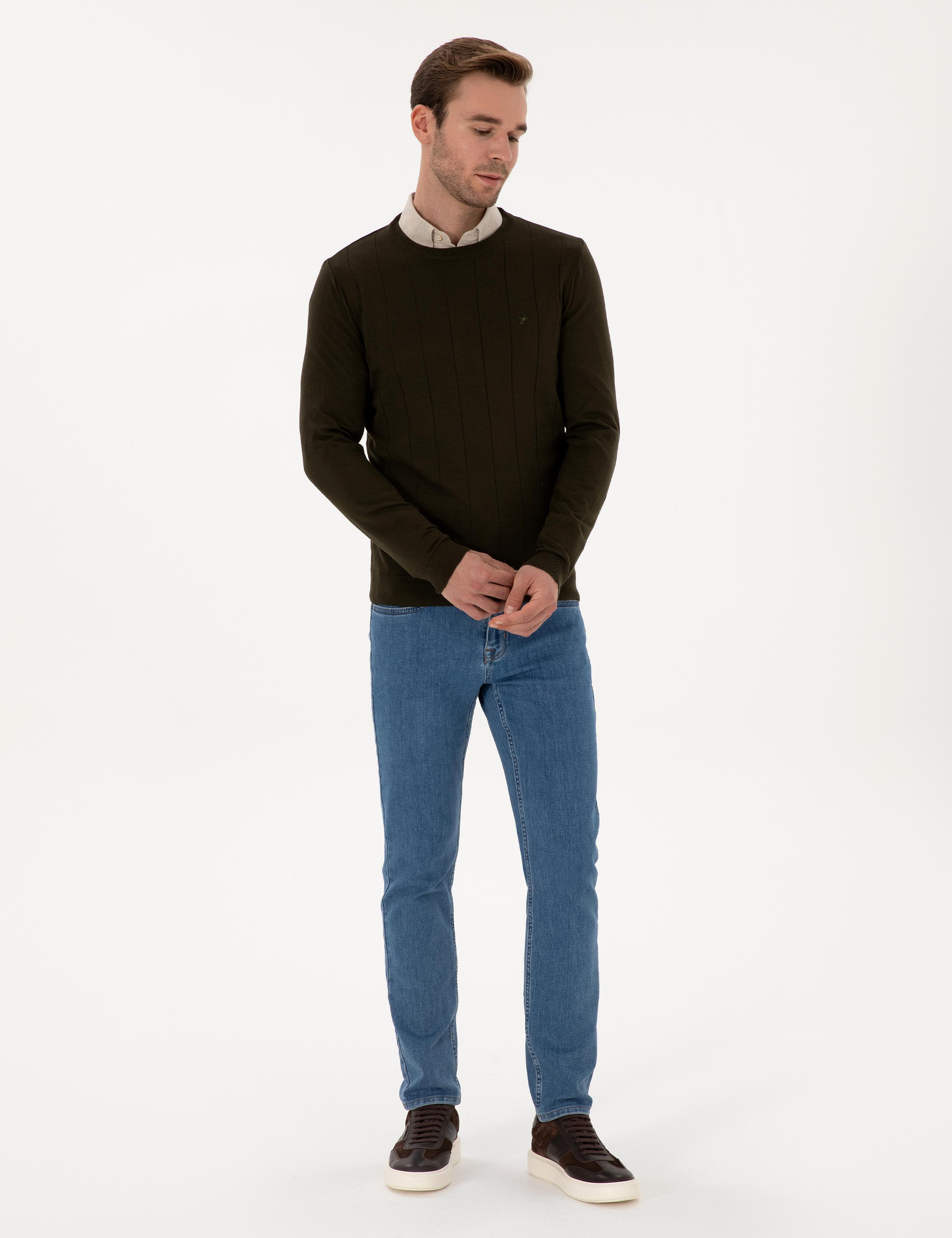 Haki Slim Fit Pamuk Karışımlı Bisiklet Yaka Triko Kazak - 50318868035