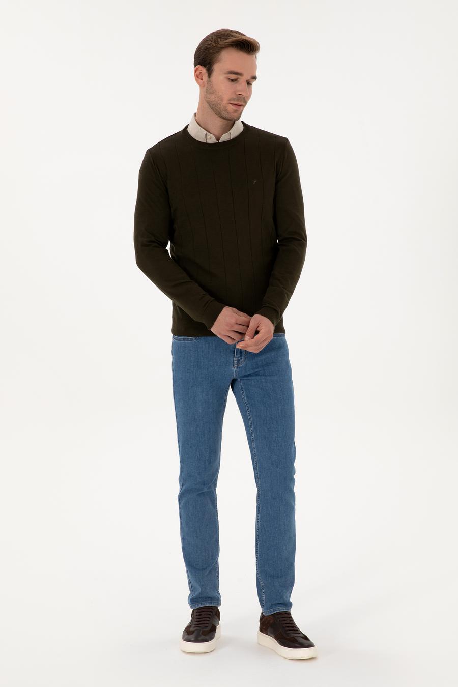 Haki Slim Fit Pamuk Karışımlı Bisiklet Yaka Triko Kazak - 50318868035