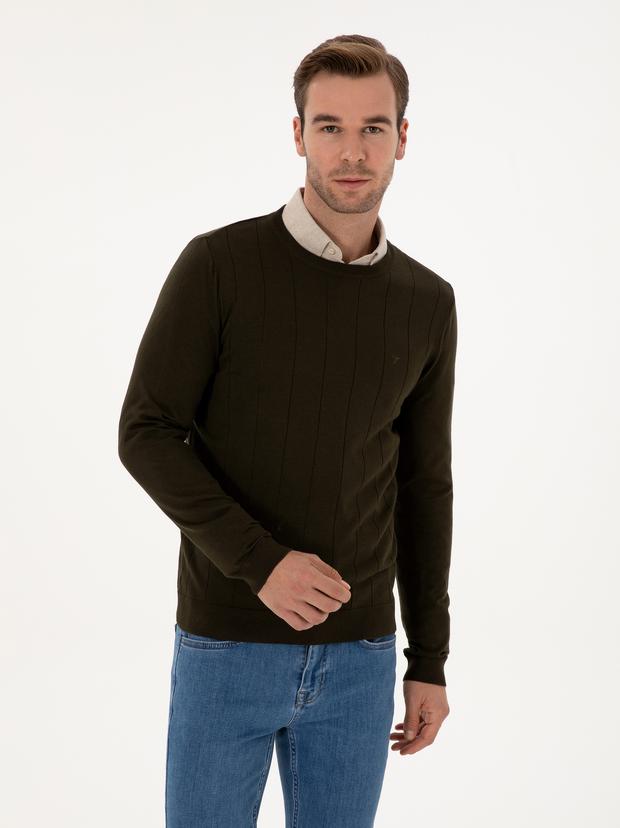 Haki Slim Fit Pamuk Karışımlı Bisiklet Yaka Triko Kazak