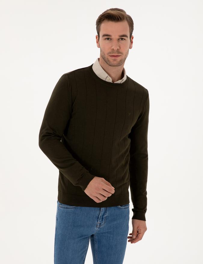 Haki Slim Fit Pamuk Karışımlı Bisiklet Yaka Triko Kazak