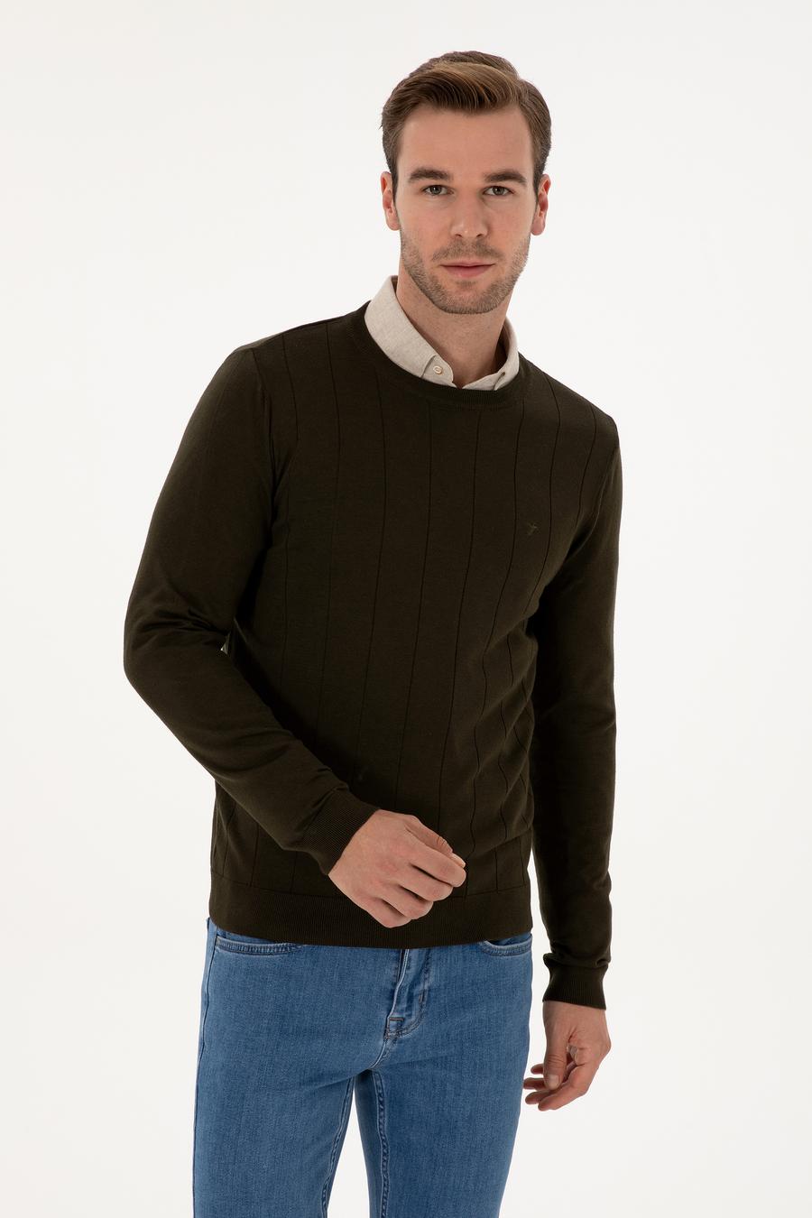 Haki Slim Fit Pamuk Karışımlı Bisiklet Yaka Triko Kazak - 50318868035
