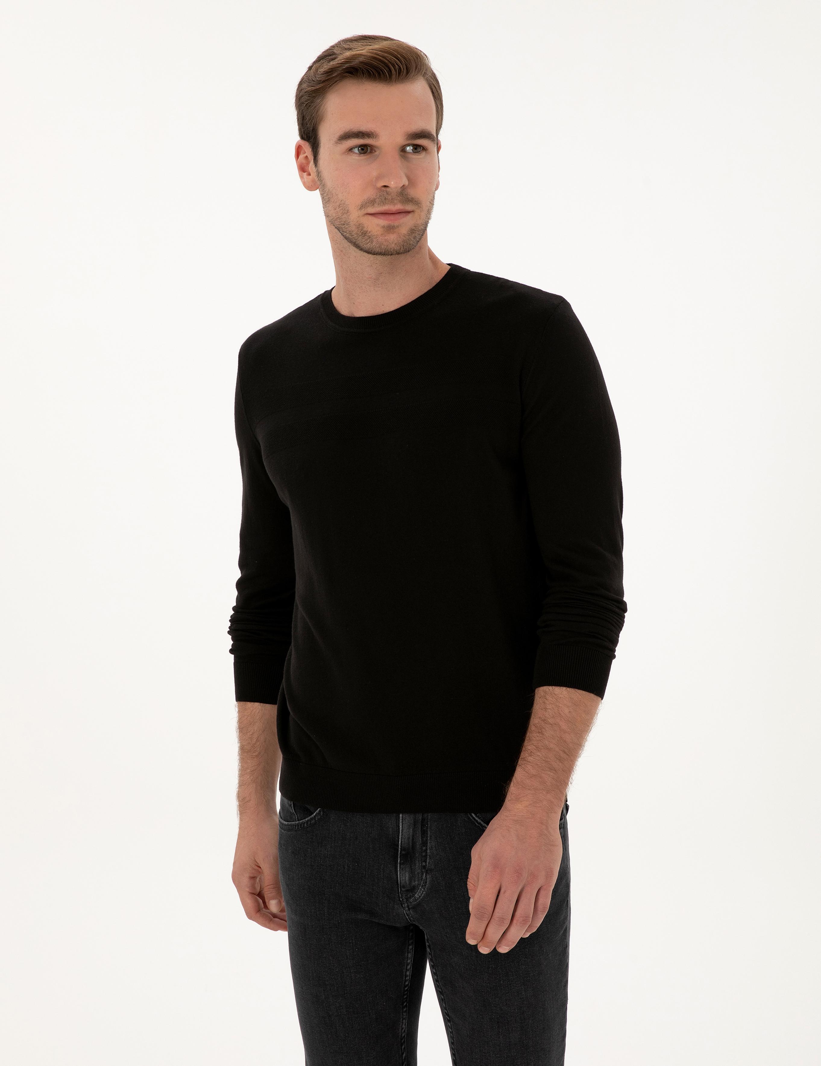 Siyah Slim Fit Pamuk Karışımlı Bisiklet Yaka Triko Kazak - 50318982018