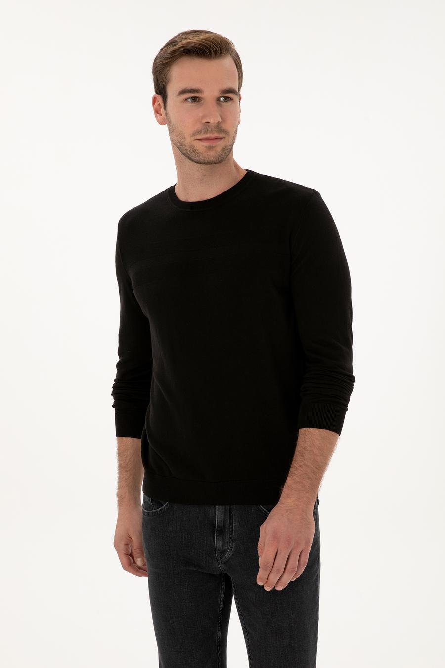 Siyah Slim Fit Pamuk Karışımlı Bisiklet Yaka Triko Kazak - 50318982018
