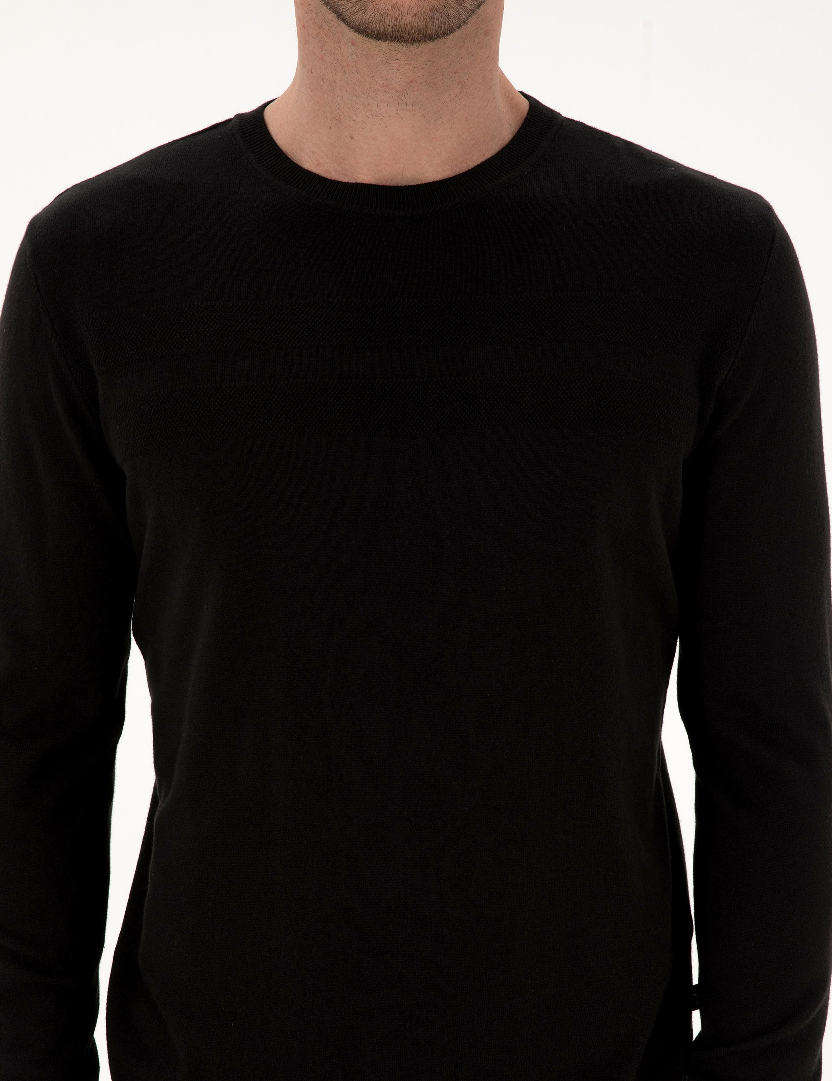 Siyah Slim Fit Pamuk Karışımlı Bisiklet Yaka Triko Kazak - 50318982018