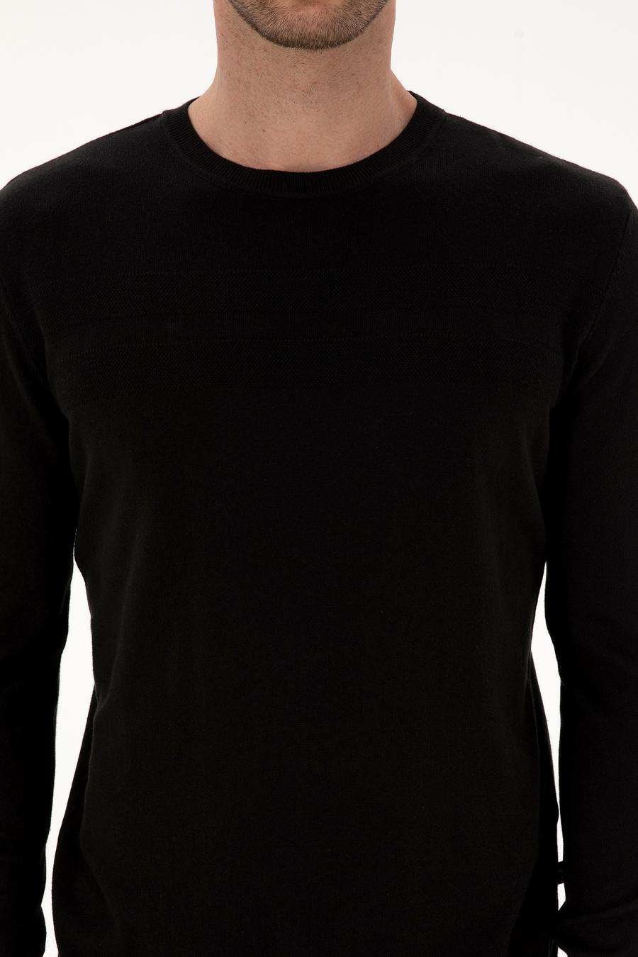 Siyah Slim Fit Pamuk Karışımlı Bisiklet Yaka Triko Kazak - 50318982018