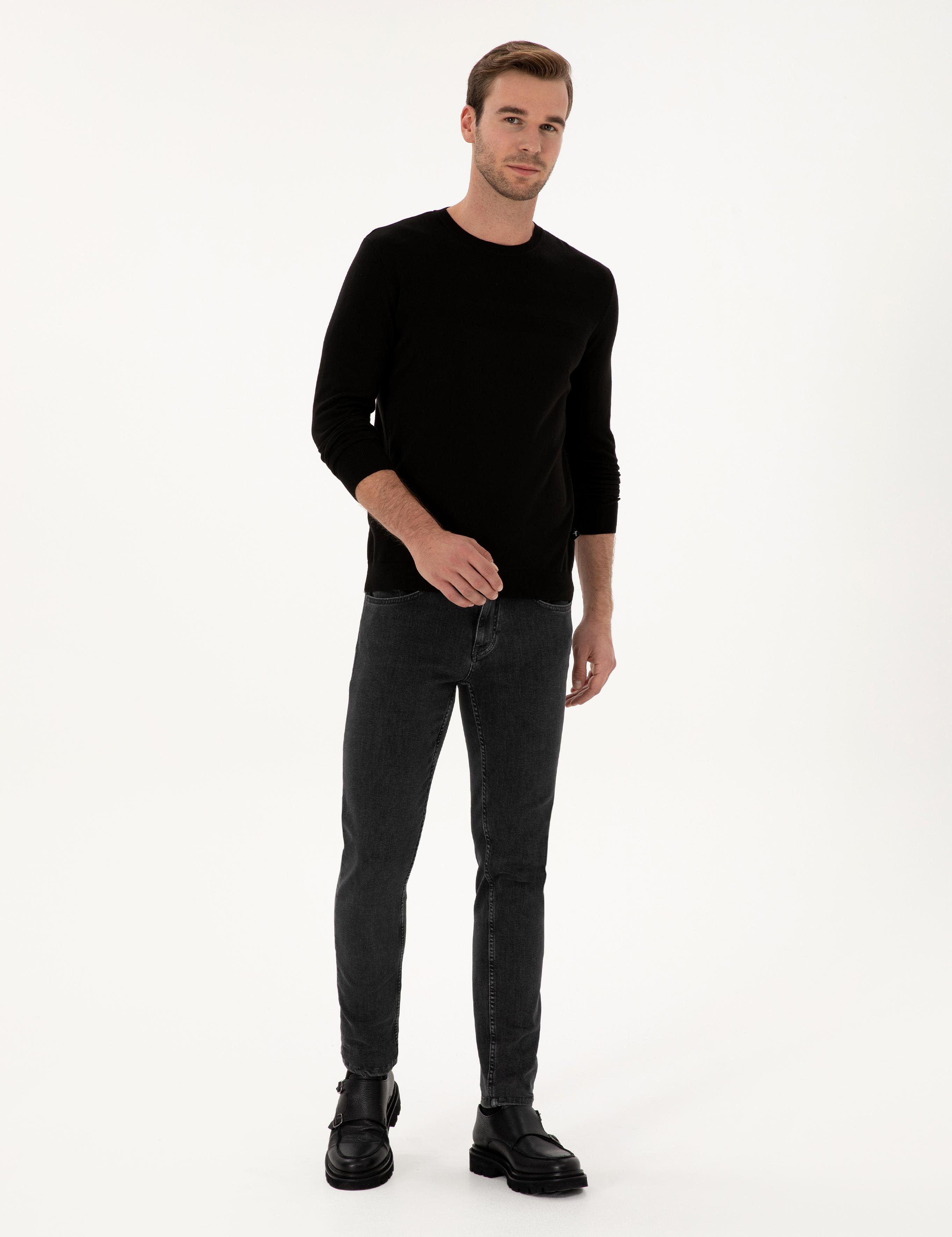 Siyah Slim Fit Pamuk Karışımlı Bisiklet Yaka Triko Kazak - 50318982018