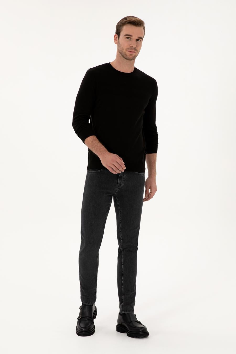 Siyah Slim Fit Pamuk Karışımlı Bisiklet Yaka Triko Kazak - 50318982018