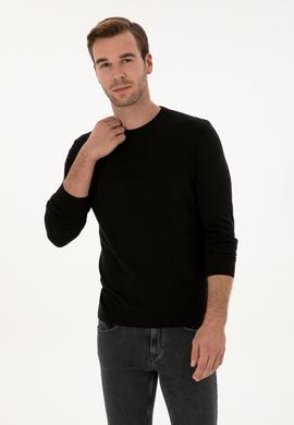 Siyah Slim Fit Pamuk Karışımlı Bisiklet Yaka Triko Kazak