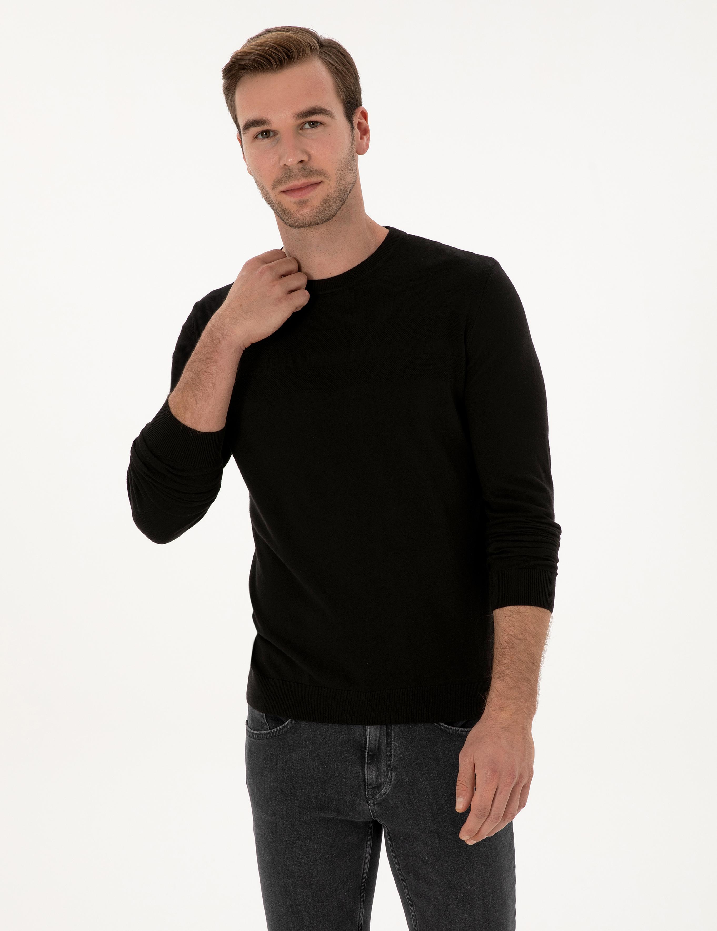 Siyah Slim Fit Pamuk Karışımlı Bisiklet Yaka Triko Kazak - 50318982018