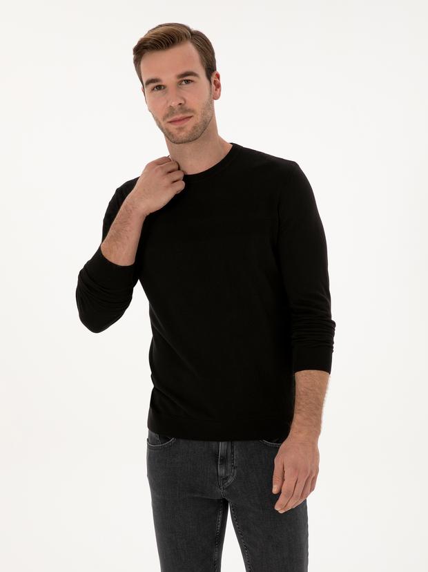 Siyah Slim Fit Pamuk Karışımlı Bisiklet Yaka Triko Kazak