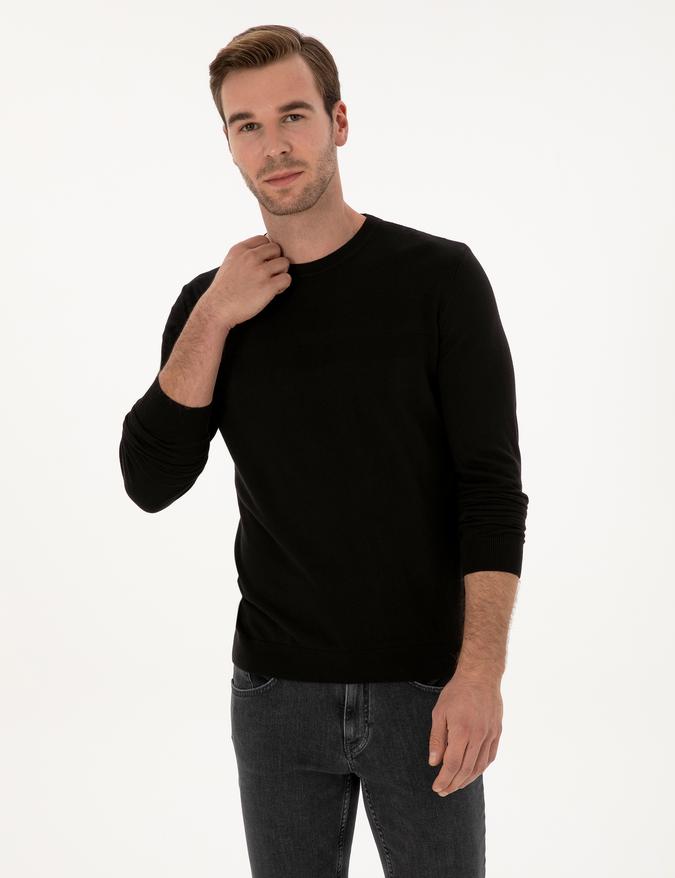 Siyah Slim Fit Pamuk Karışımlı Bisiklet Yaka Triko Kazak