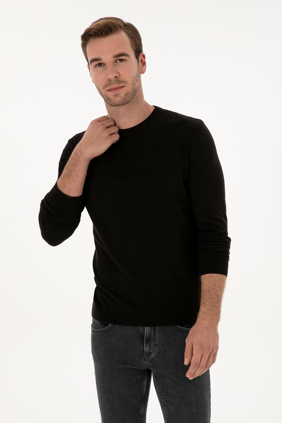 Siyah Slim Fit Pamuk Karışımlı Bisiklet Yaka Triko Kazak - 50318982018
